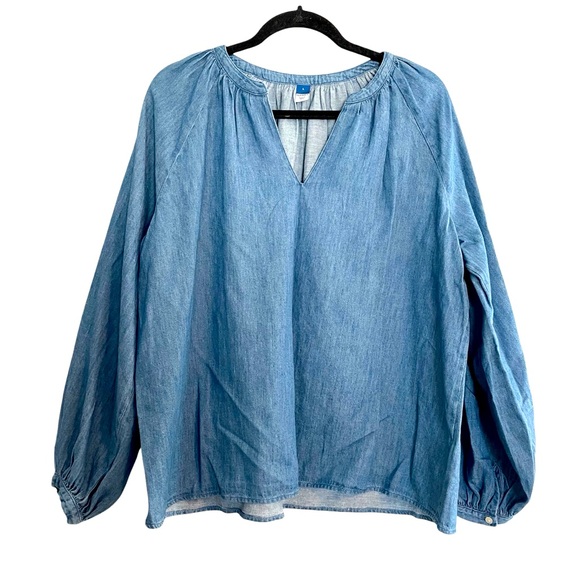 OLD NAVY‎ Womens Blue Denim Chambray Long Puff Sleeve Blouse Size L Beachy Flowy - Picture 1 of 7